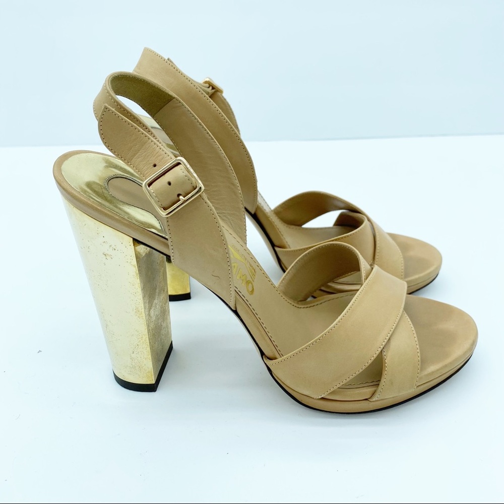 Salvatore Ferragamo Gold Block Heel Leather Sandals - Picture 3 of 11